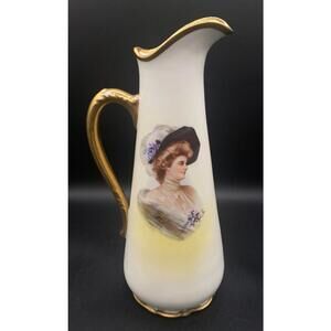 717 - Antique 1907 Edwardian Portrait Ewer Philip Boileau Porcelain Pitcher Gold